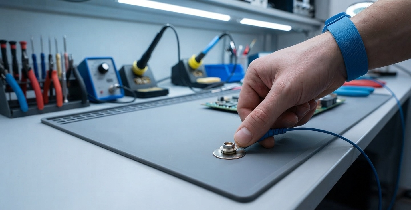Technician inspecting the earth bonding cable connection on an ESD workstation