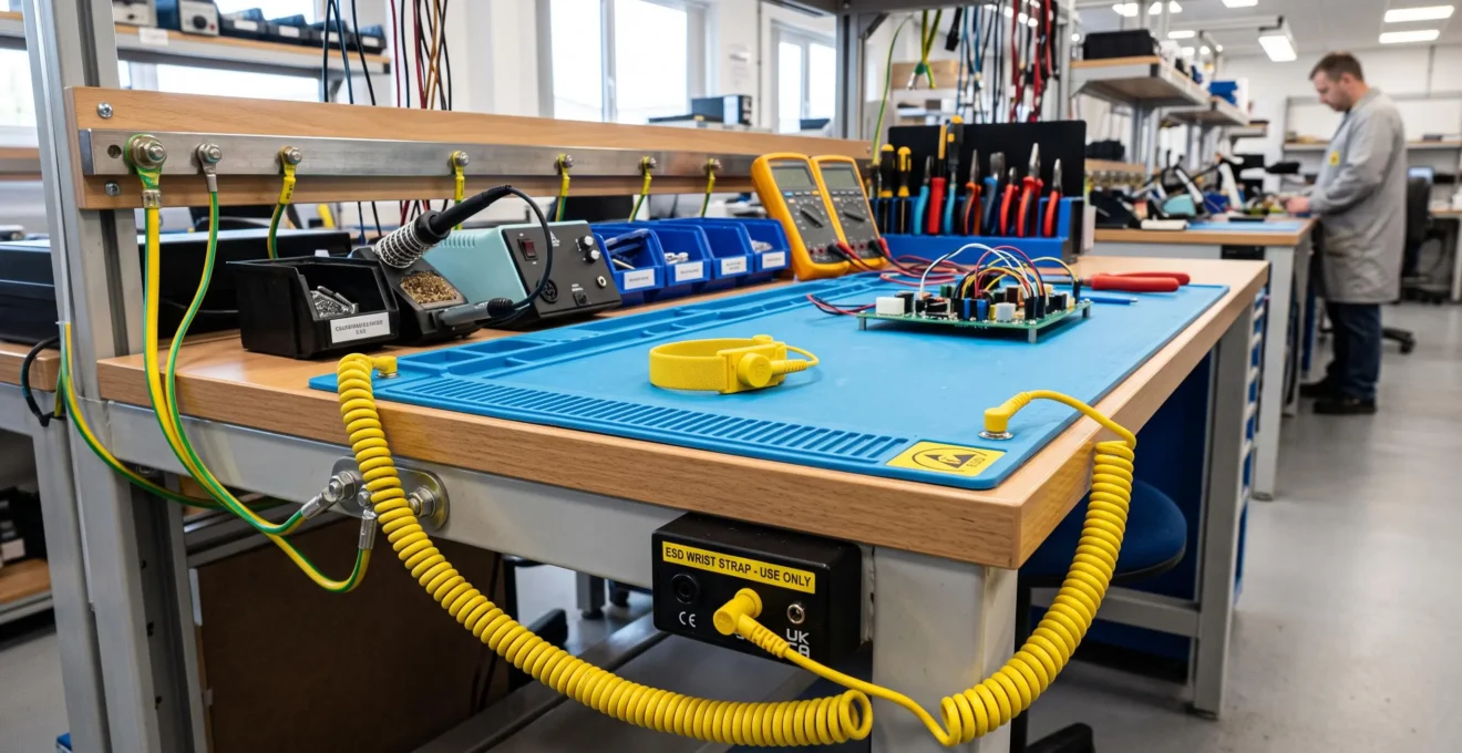 ESD-safe workbench showing anti-static mat, grounding point, and wrist strap connection socket