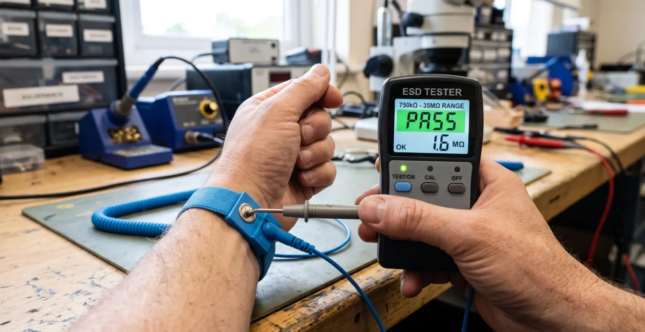Close-up of hands using a continuity tester to verify an anti-static wrist strap connection