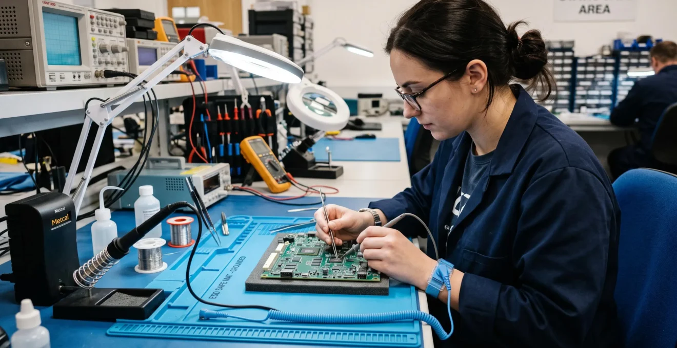 Electronics technician handling a circuit board while wearing an anti-static wrist strap connected to a grounded ESD workstation