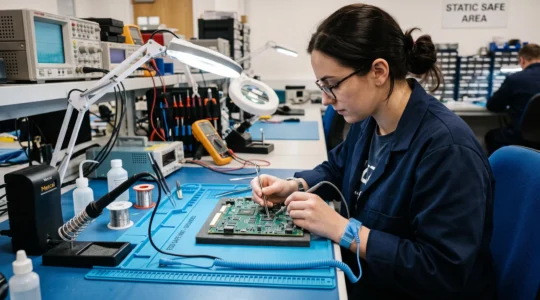 Electronics technician handling a circuit board while wearing an anti-static wrist strap connected to a grounded ESD workstation
