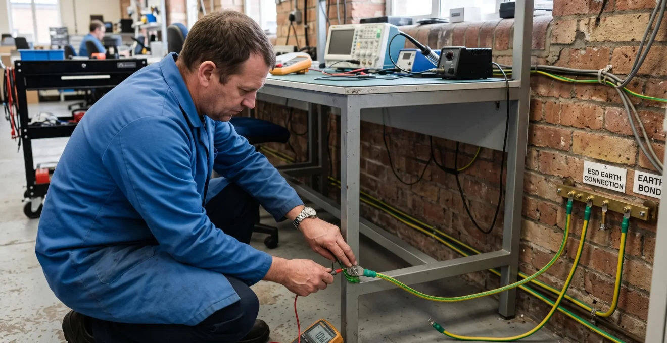 Technician inspecting the earth bonding cable connection on an ESD workstation
